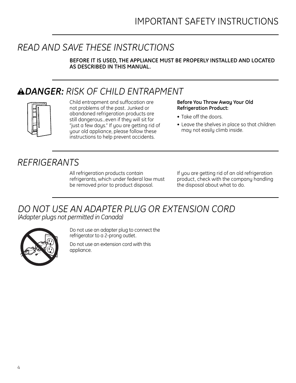 Safety instructions, Safety instructions –7, Danger: risk of child entrapment | Refrigerants, Do not use an adapter plug or extension cord | GE Monogram ZDWR240 User Manual | Page 4 / 20