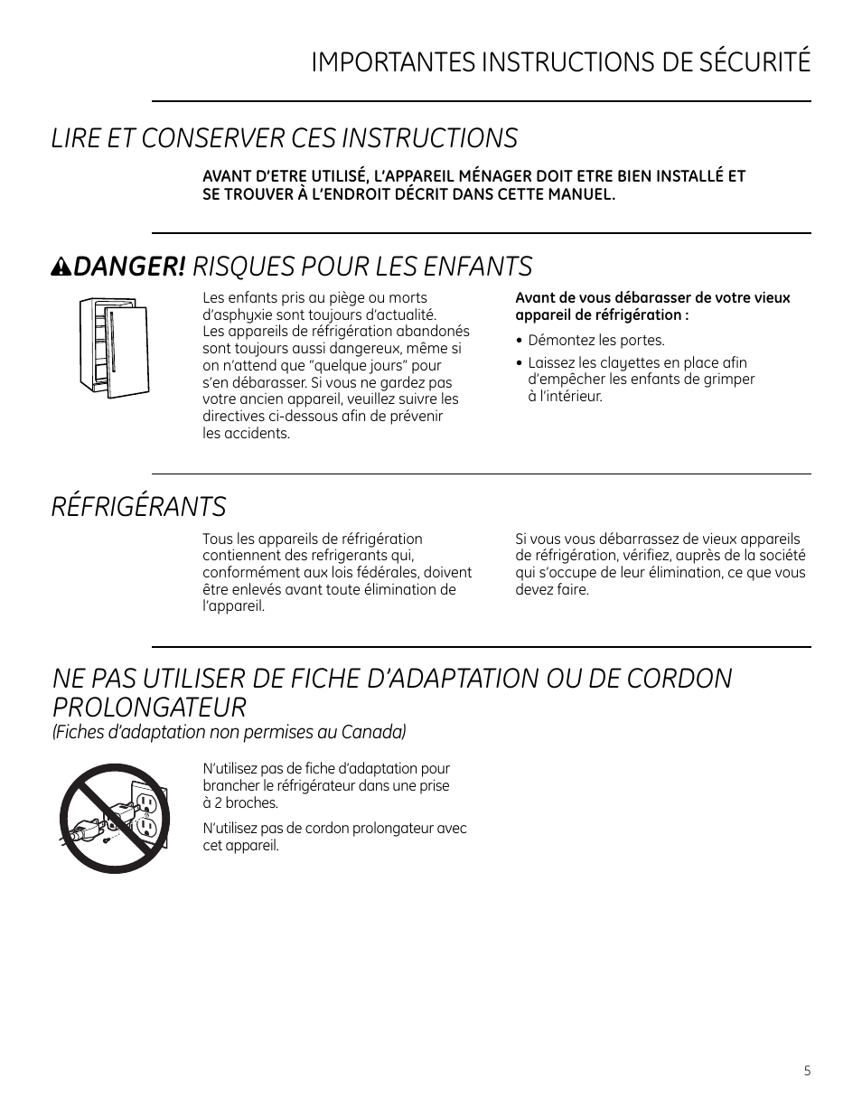 Danger! risques pour les enfants, Réfrigérants | GE Monogram ZDWR240 User Manual | Page 5 / 20