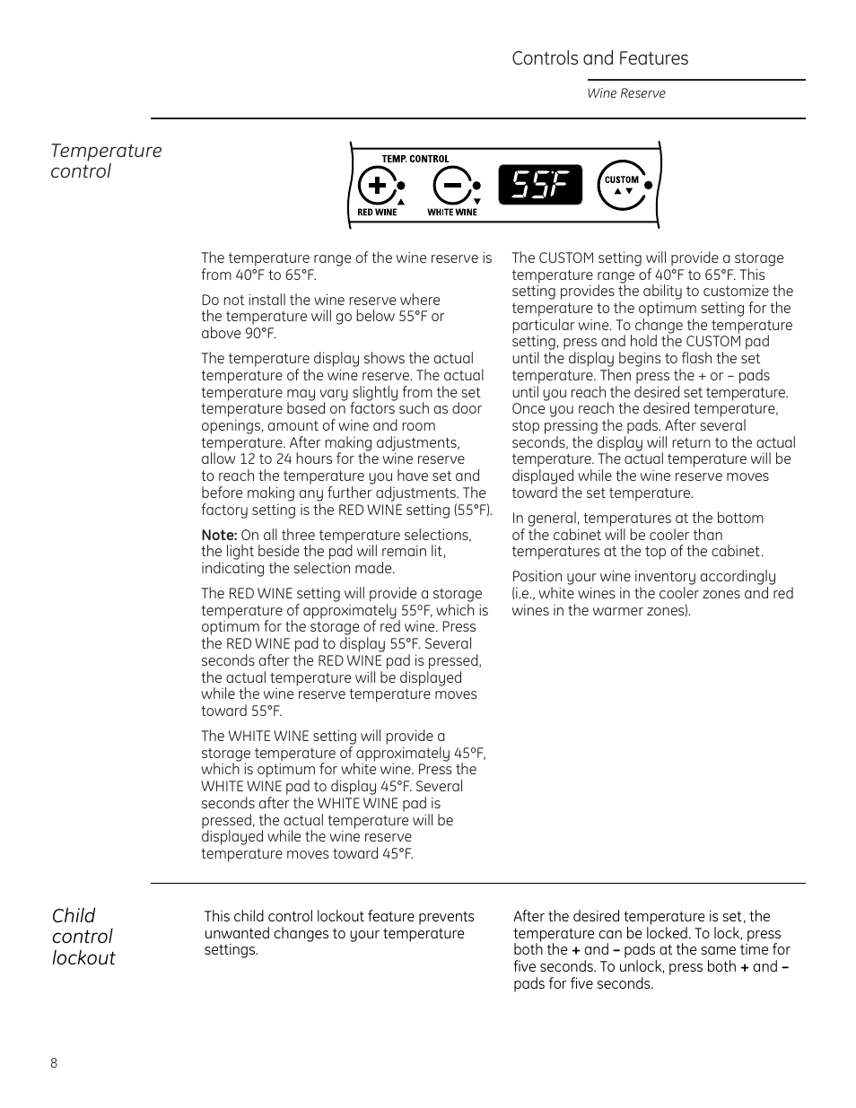 Controls and features, Controls and features –10, Temperature control | Child control lockout | GE Monogram ZDWR240 User Manual | Page 8 / 20