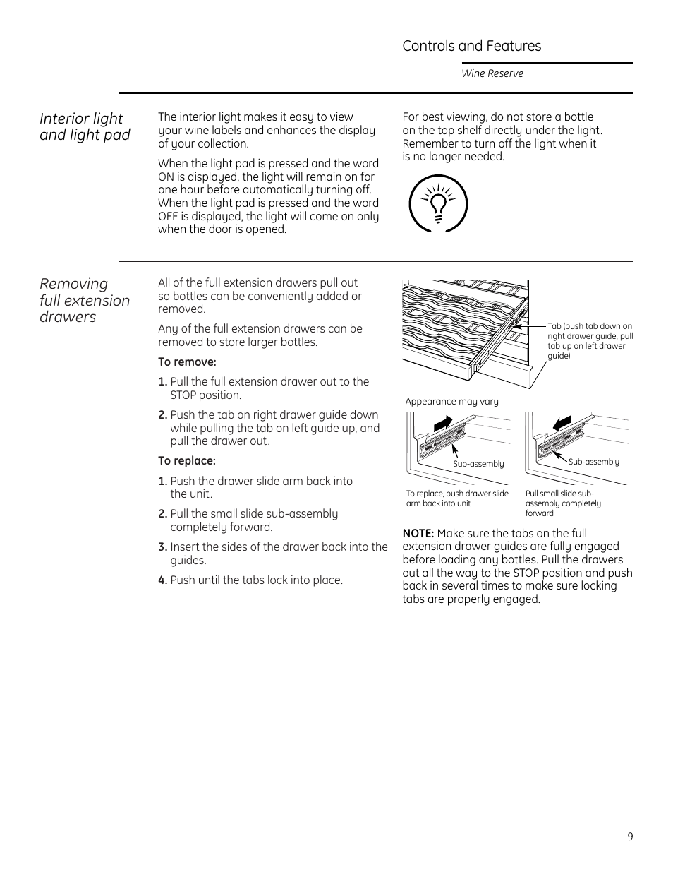 Removing full extension drawers, Interior light and light pad, Controls and features | GE Monogram ZDWR240 User Manual | Page 9 / 20