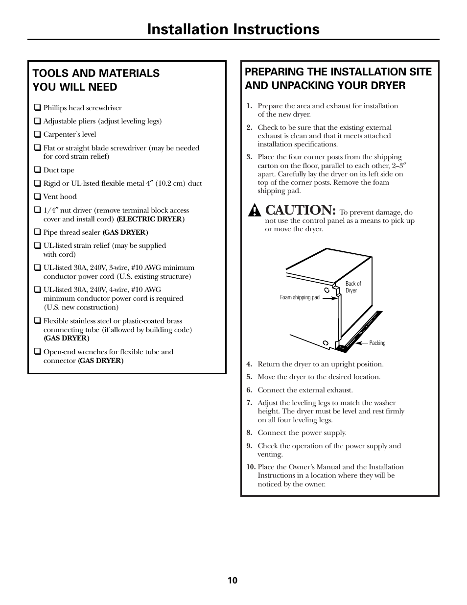 Installation instructions, Caution, Tools and materials you will need | GE Monogram PSXH43 User Manual | Page 10 / 26
