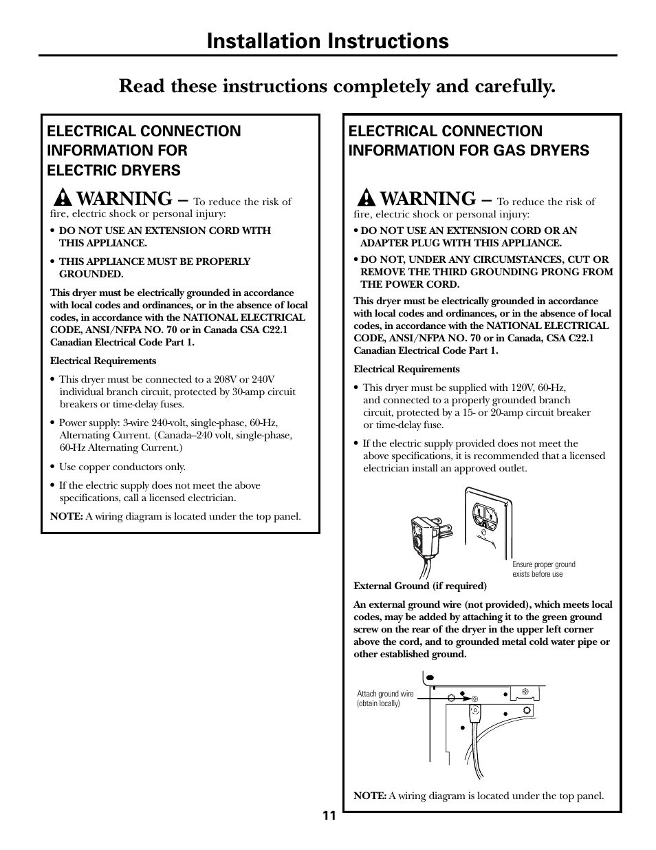 Installation instructions, Warning, Read these instructions completely and carefully | Electrical connection information for gas dryers | GE Monogram PSXH43 User Manual | Page 11 / 26