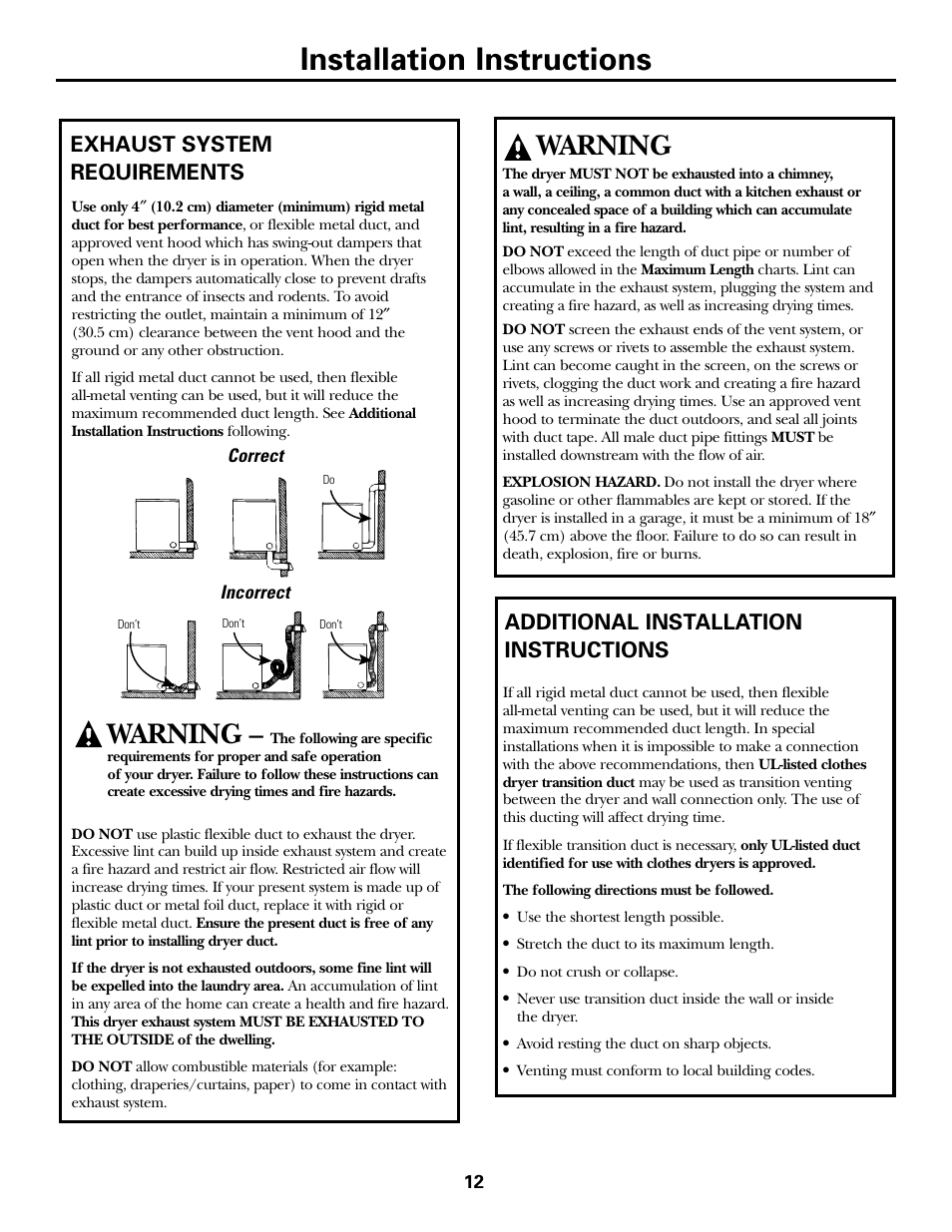 Installation instructions, Warning, Exhaust system requirements | Additional installation instructions | GE Monogram PSXH43 User Manual | Page 12 / 26