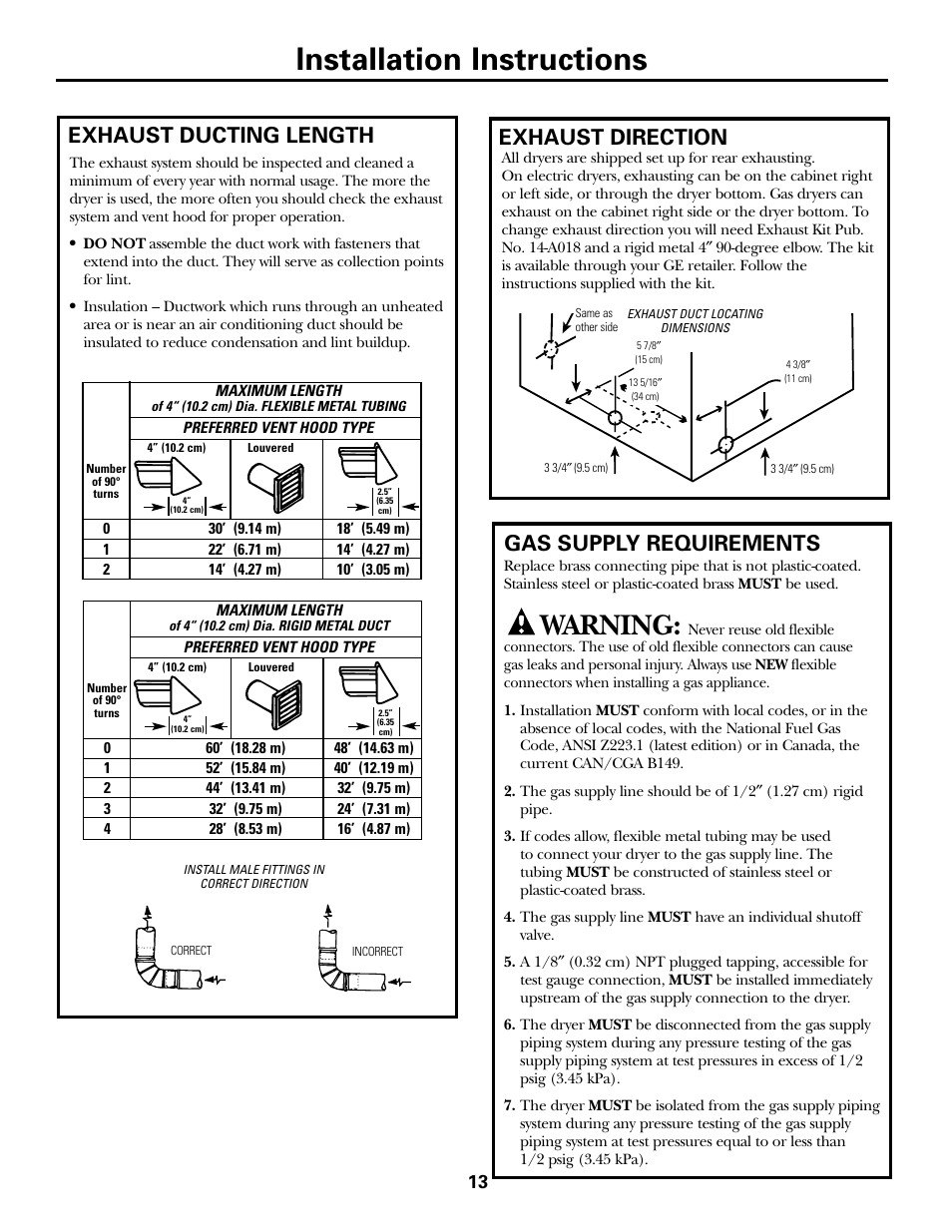 Installation instructions, Warning, Exhaust ducting length | Exhaust direction, Gas supply requirements | GE Monogram PSXH43 User Manual | Page 13 / 26