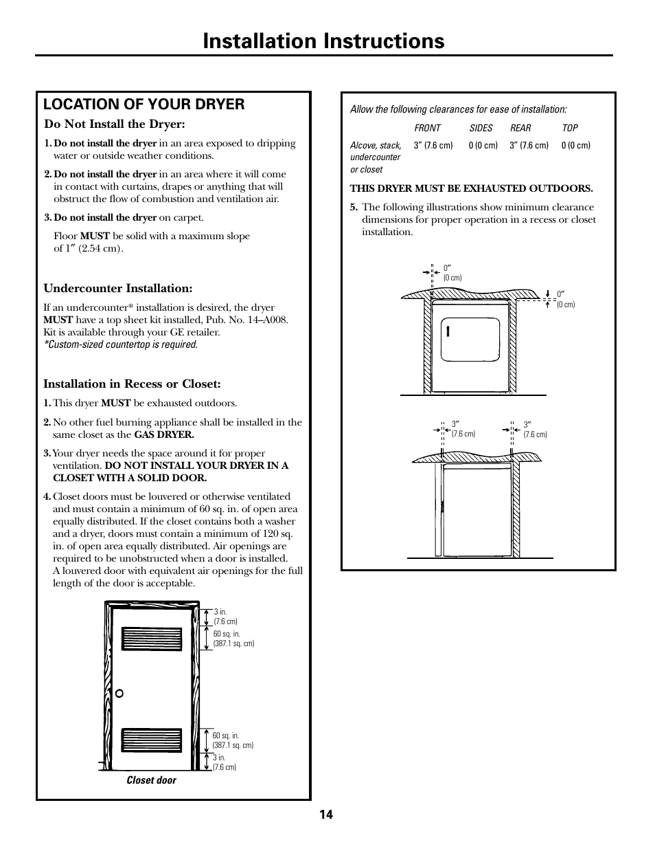 Installation instructions, Location of your dryer | GE Monogram PSXH43 User Manual | Page 14 / 26