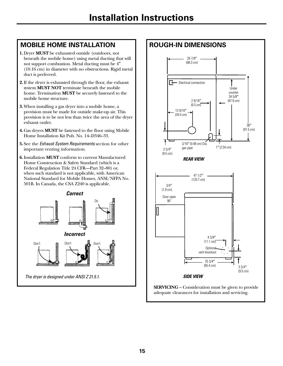 Installation instructions, Mobile home installation, Rough-in dimensions | Correct incorrect | GE Monogram PSXH43 User Manual | Page 15 / 26