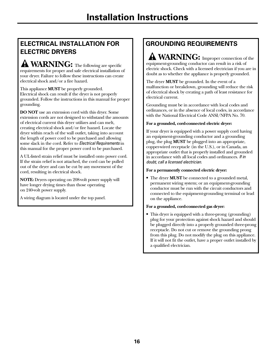 Installation instructions, Warning, Grounding requirements | Electrical installation for electric dryers | GE Monogram PSXH43 User Manual | Page 16 / 26