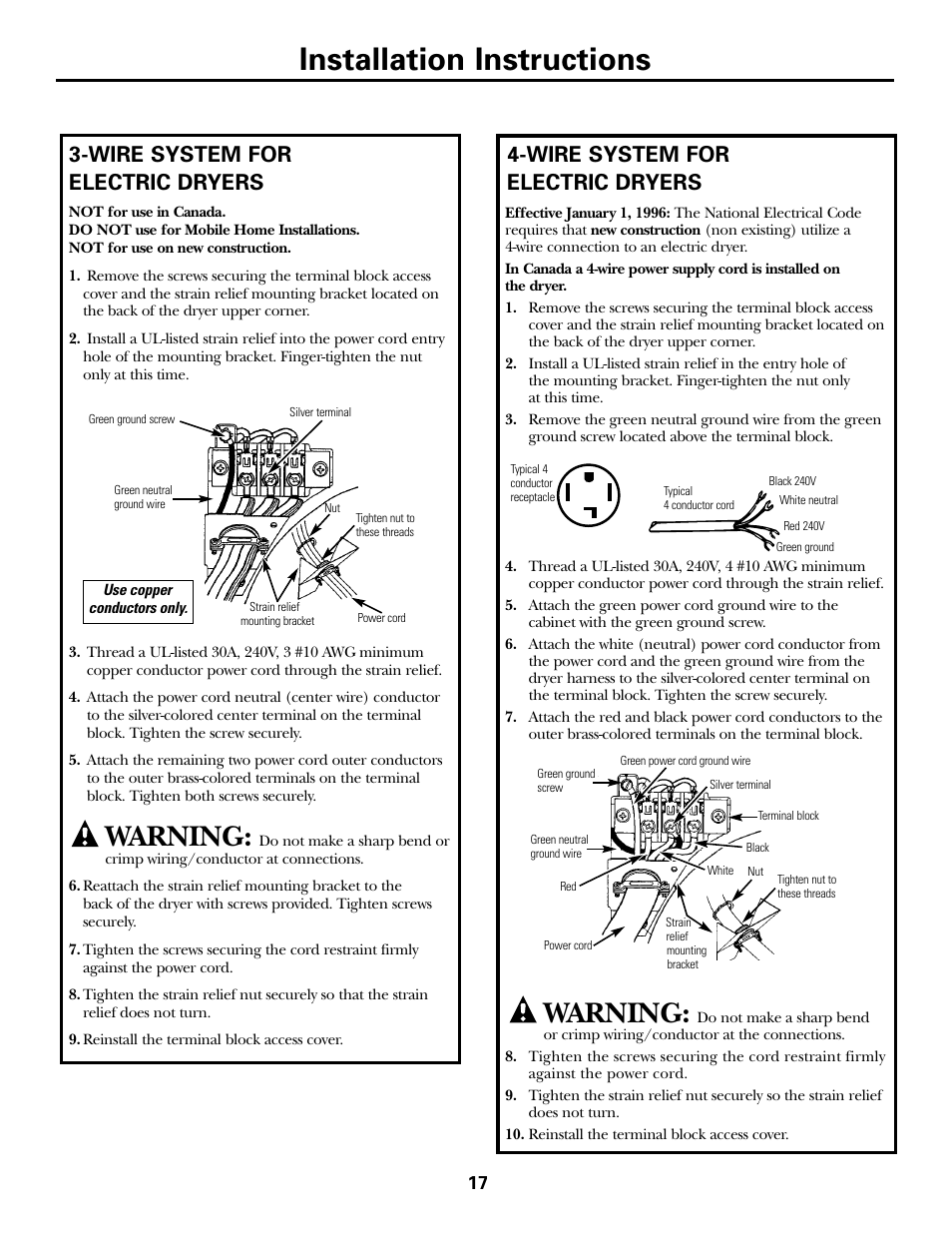 Installation instructions, Warning, Wire system for electric dryers | GE Monogram PSXH43 User Manual | Page 17 / 26