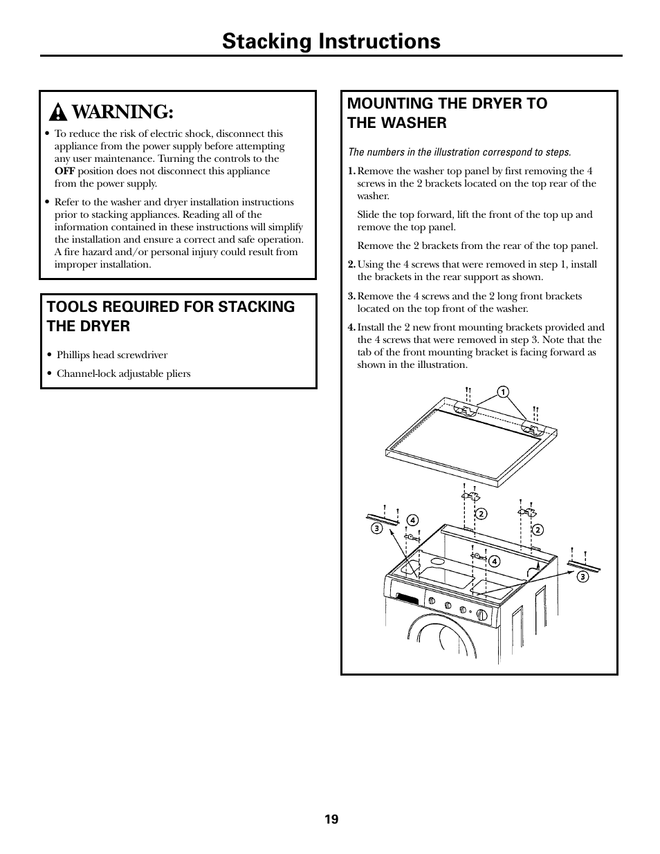 Stacking instructions, Warning, Tools required for stacking the dryer | Mounting the dryer to the washer | GE Monogram PSXH43 User Manual | Page 19 / 26