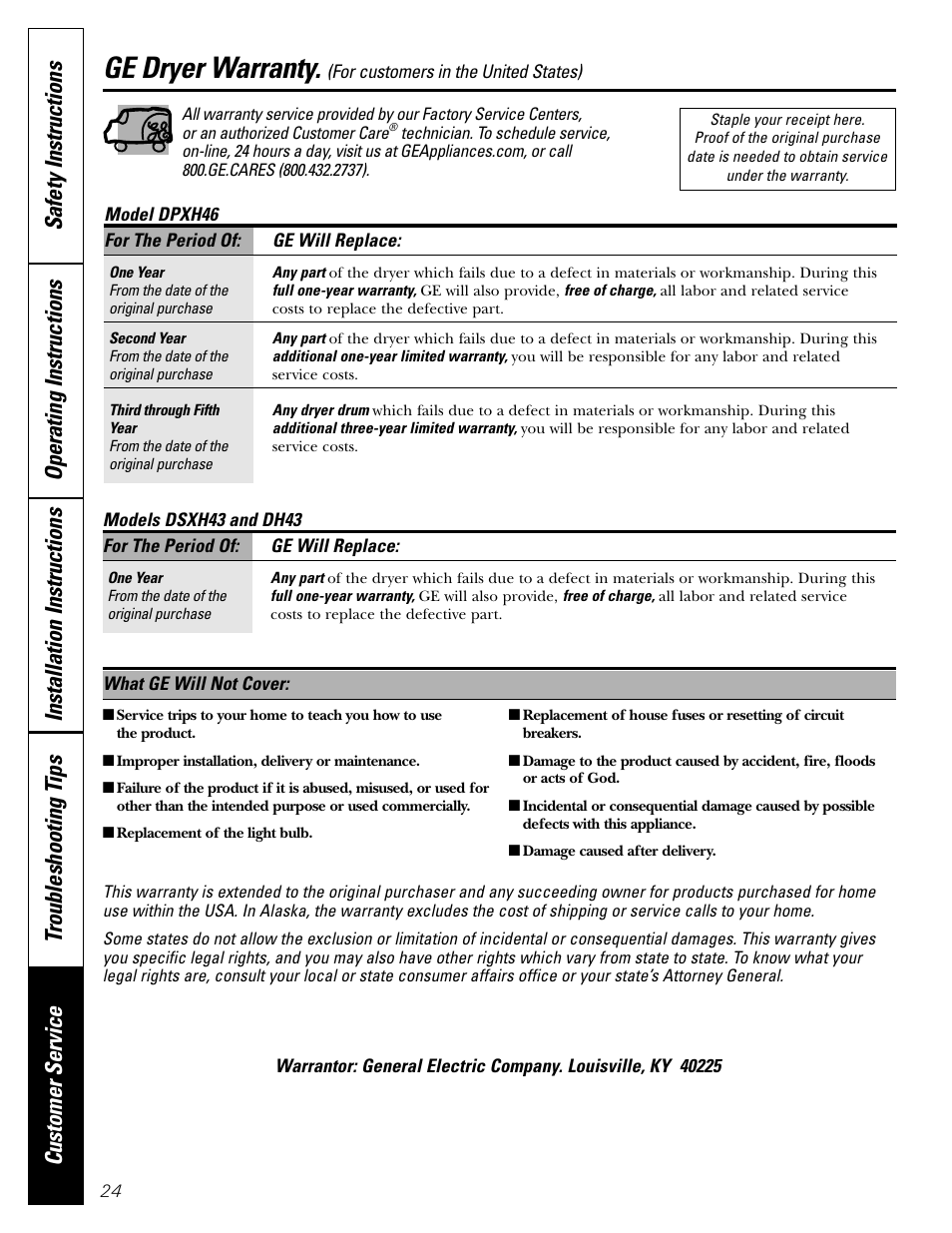Ge dryer warranty | GE Monogram PSXH43 User Manual | Page 24 / 26