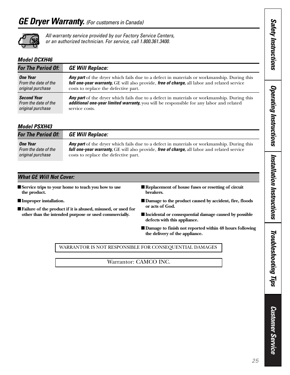 Ge dryer warranty | GE Monogram PSXH43 User Manual | Page 25 / 26