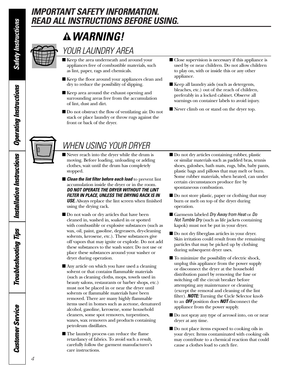 Warning, Your laundry area, When using your dryer | GE Monogram PSXH43 User Manual | Page 4 / 26