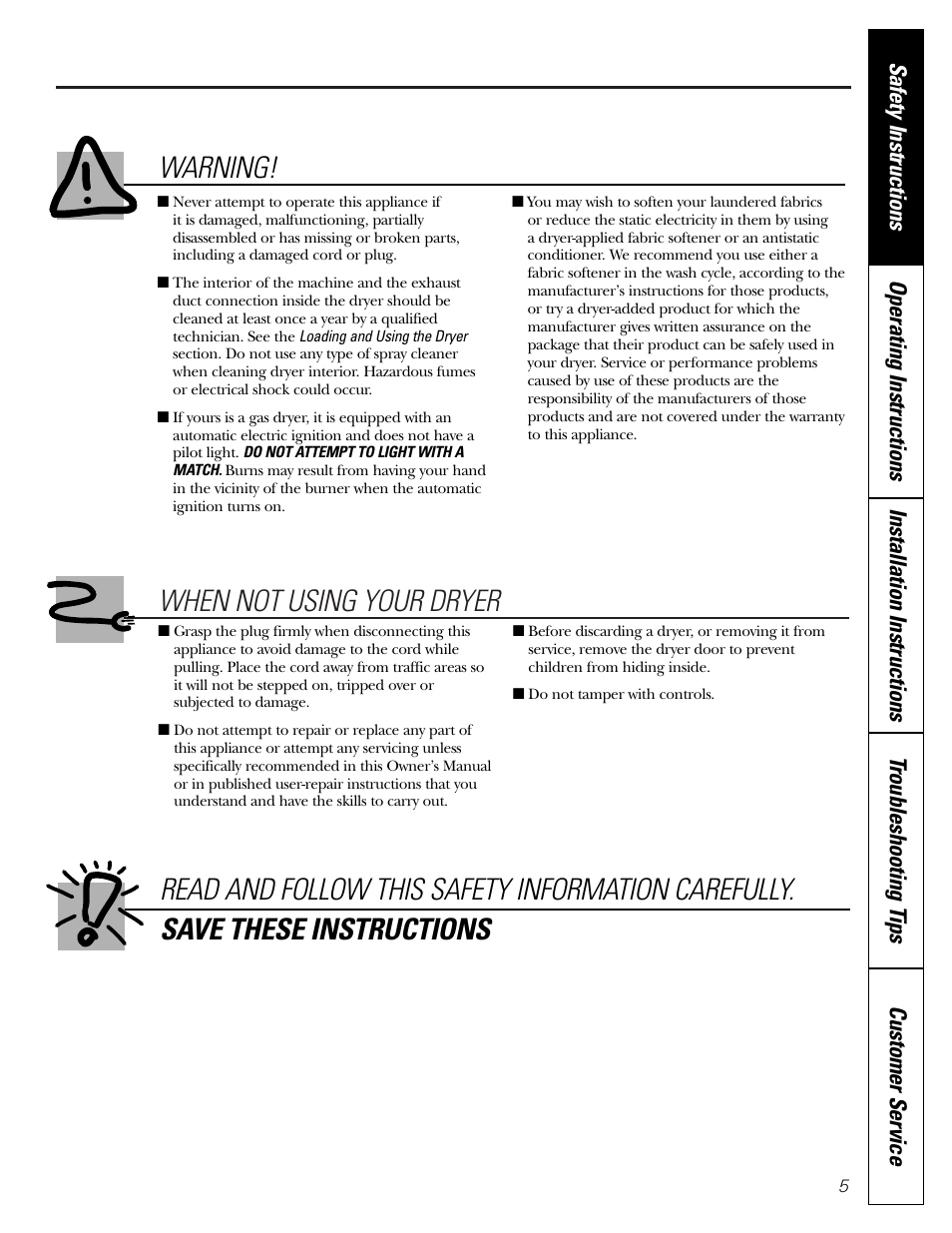 When not using your dryer, Warning | GE Monogram PSXH43 User Manual | Page 5 / 26