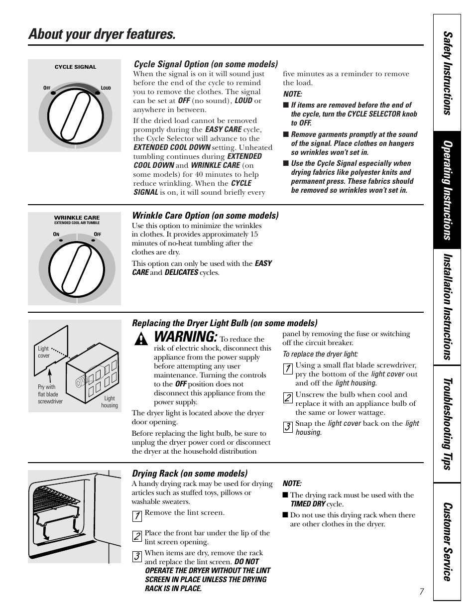 About your dryer features, Warning | GE Monogram PSXH43 User Manual | Page 7 / 26