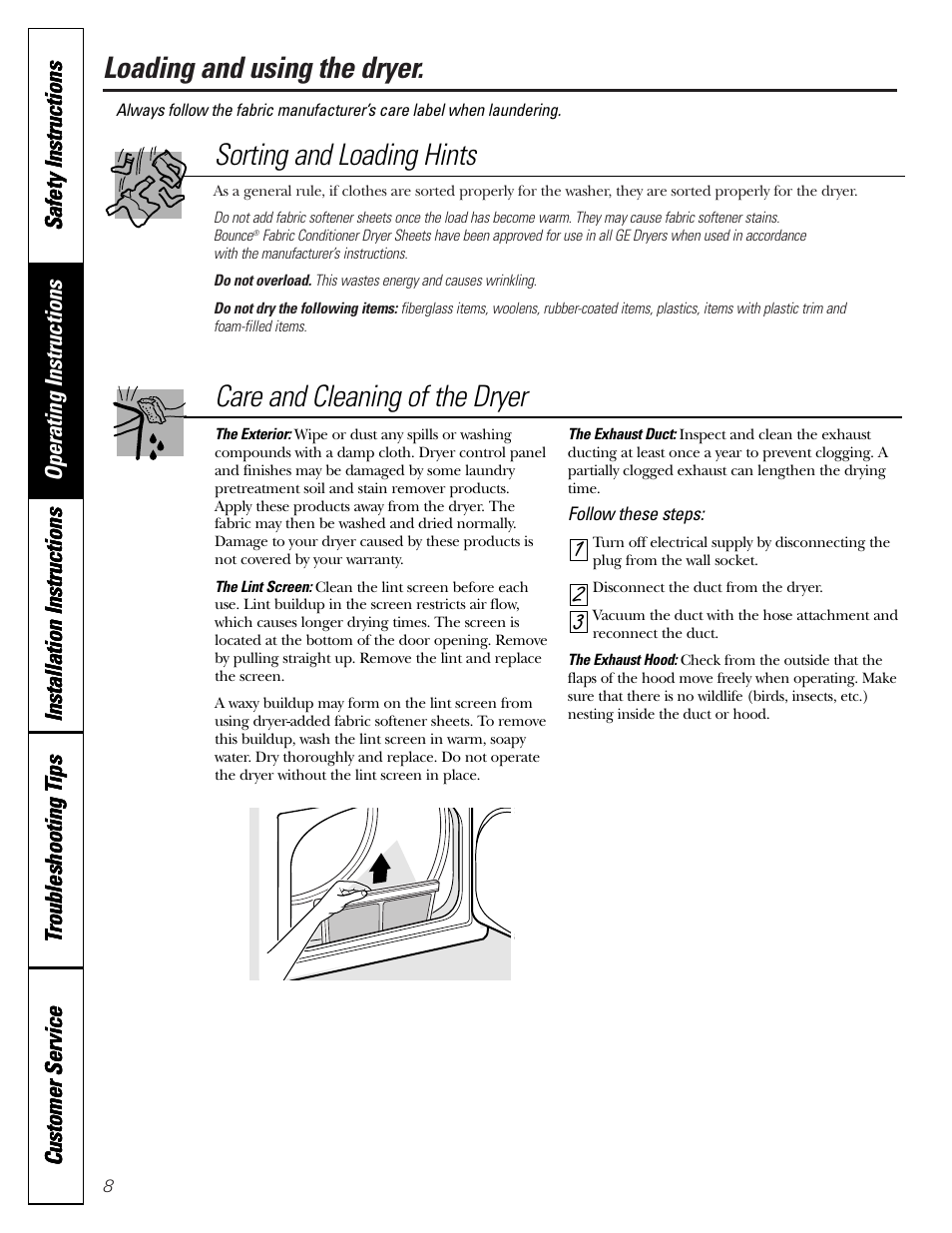 Loading and using the dryer, Sorting and loading hints, 32 1 care and cleaning of the dryer | GE Monogram PSXH43 User Manual | Page 8 / 26