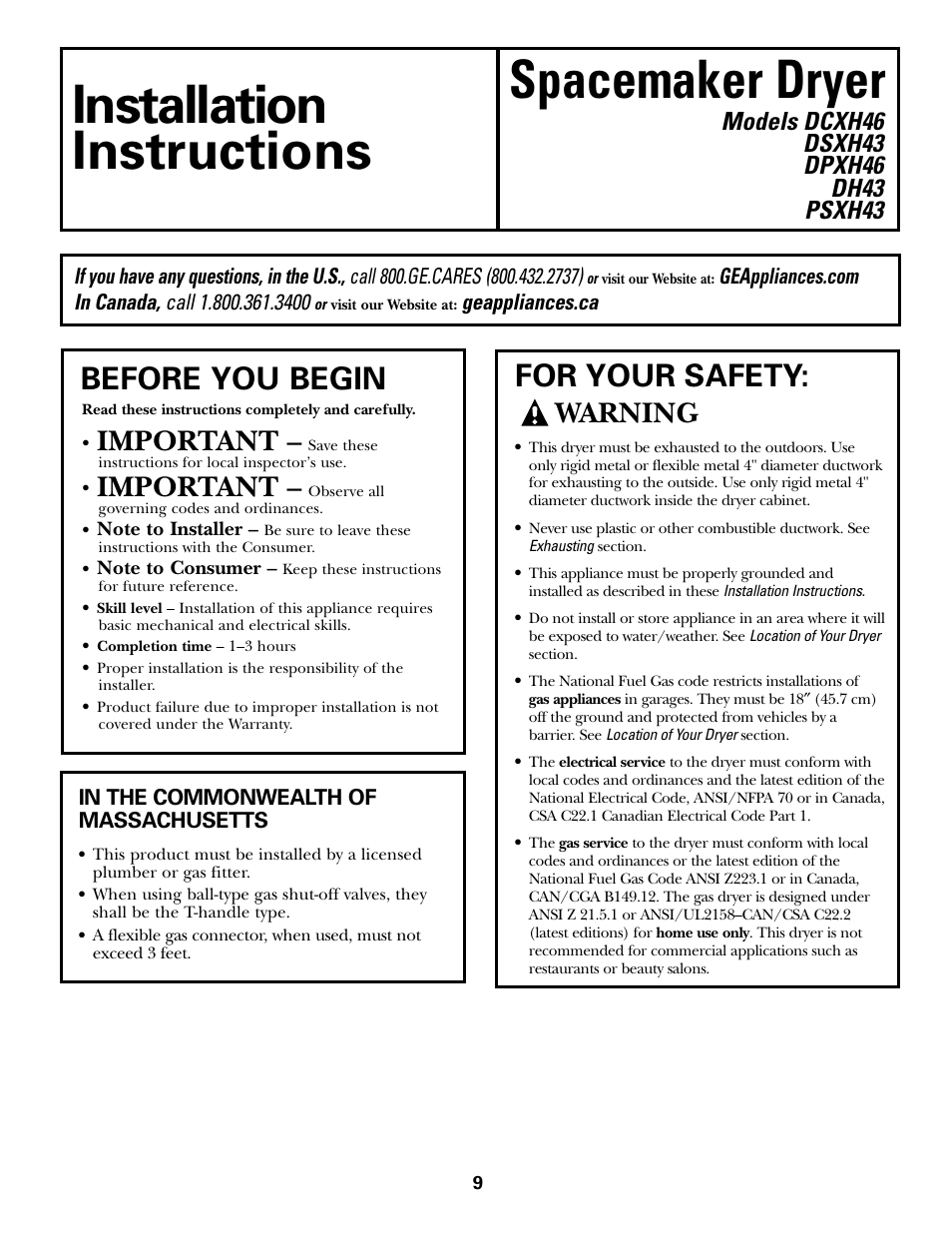 Installation spacemaker dryer instructions, Before you begin, For your safety | Important, Warning | GE Monogram PSXH43 User Manual | Page 9 / 26