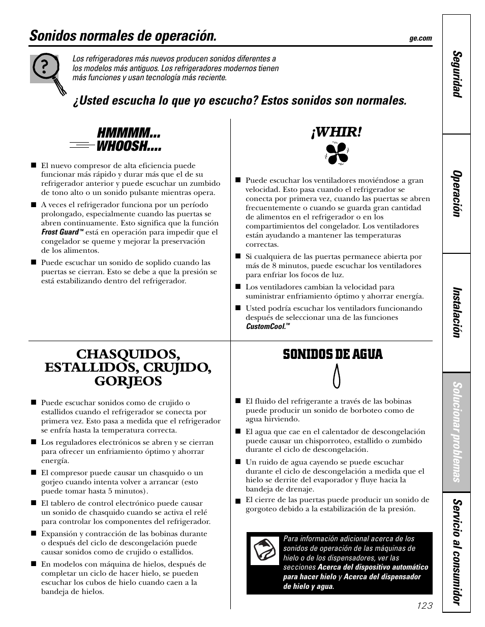 Sonidos normales de la operación, Sonidos normales de operación, Chasquidos, estallidos, crujido, gorjeos | Sonidos de agua, Whir | GE Monogram 22 User Manual | Page 123 / 132