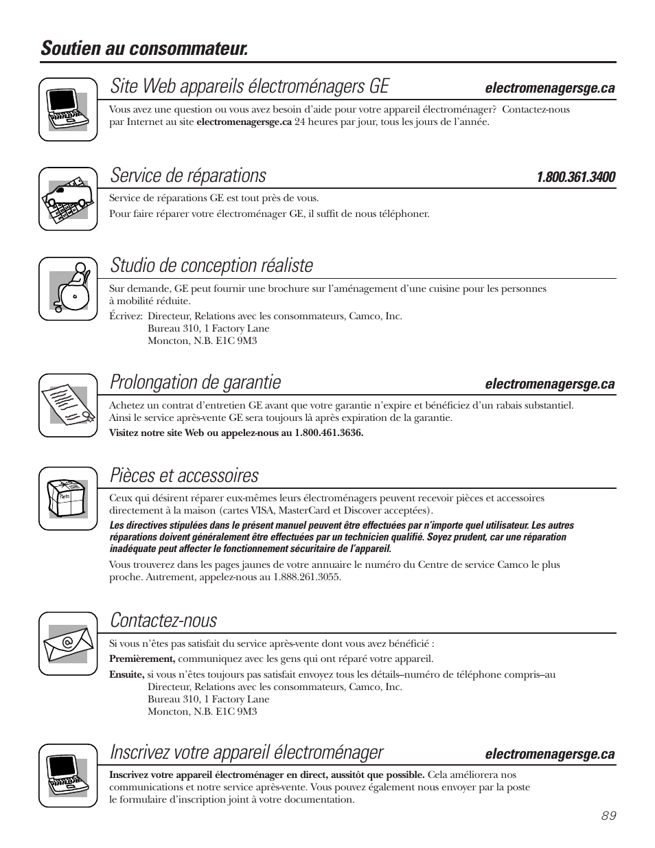 Soutien au consommateur, Service de réparations, Studio de conception réaliste | Prolongation de garantie, Pièces et accessoires, Contactez-nous, Inscrivez votre appareil électroménager | GE Monogram 22 User Manual | Page 89 / 132