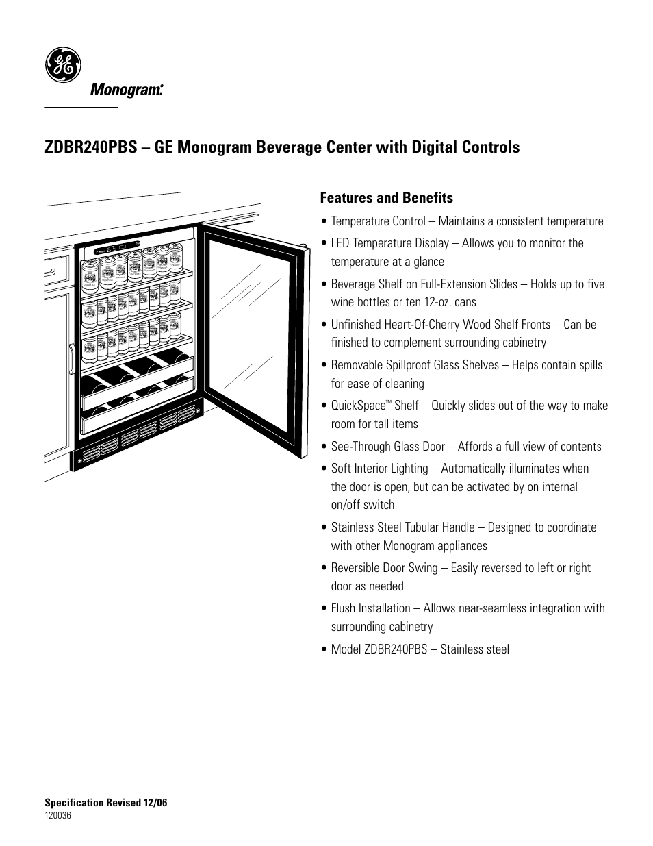 Zdbr240pbs, Features and benefits | GE Monogram ZDBR240PBS User Manual | Page 2 / 2