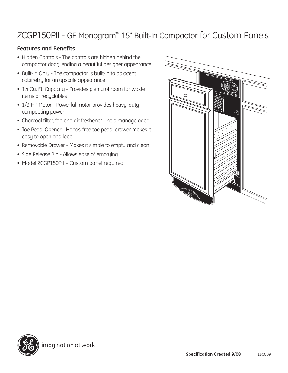 Zcgp150pii, For custom panels, Ge monogram | 15" built-in compactor | GE Monogram ZCGP150PII User Manual | Page 2 / 2