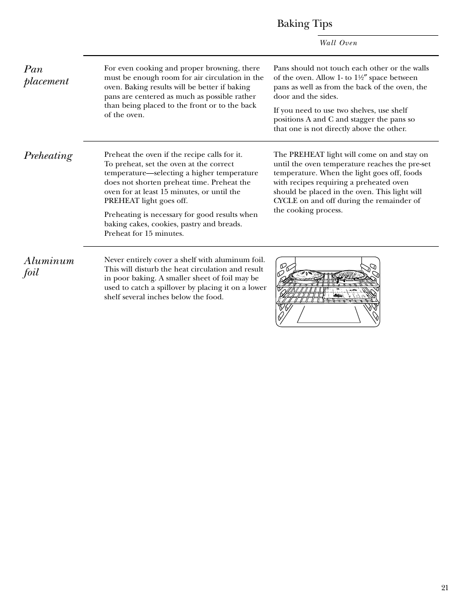 Baking tips, Pan placement, Preheating | Aluminum foil | GE Monogram 30 Wall Oven User Manual | Page 21 / 32