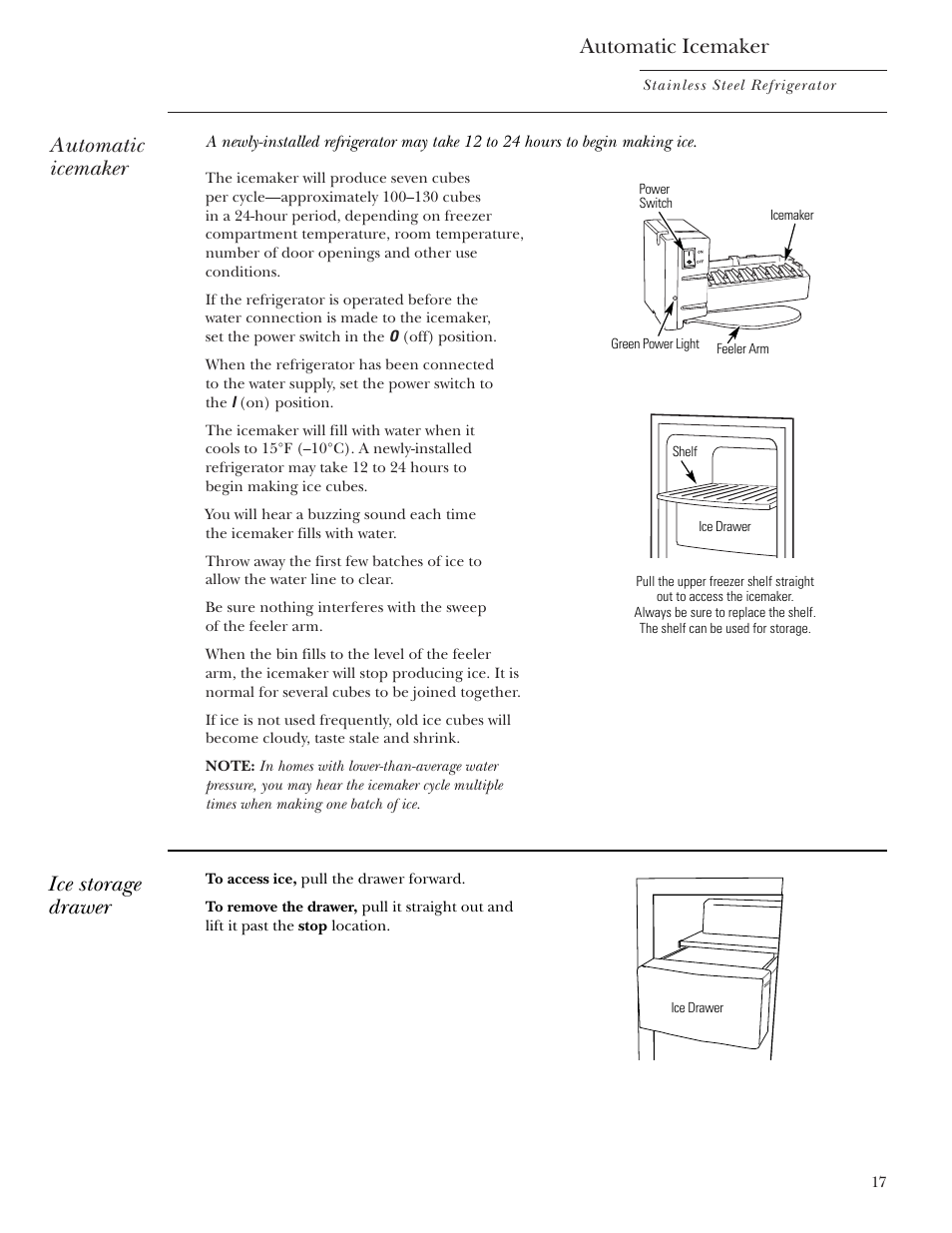 Automatic icemaker, Ice storage drawer | GE Monogram Side-by-Side Stainless Steel Free-Standing Refrigerators User Manual | Page 17 / 32