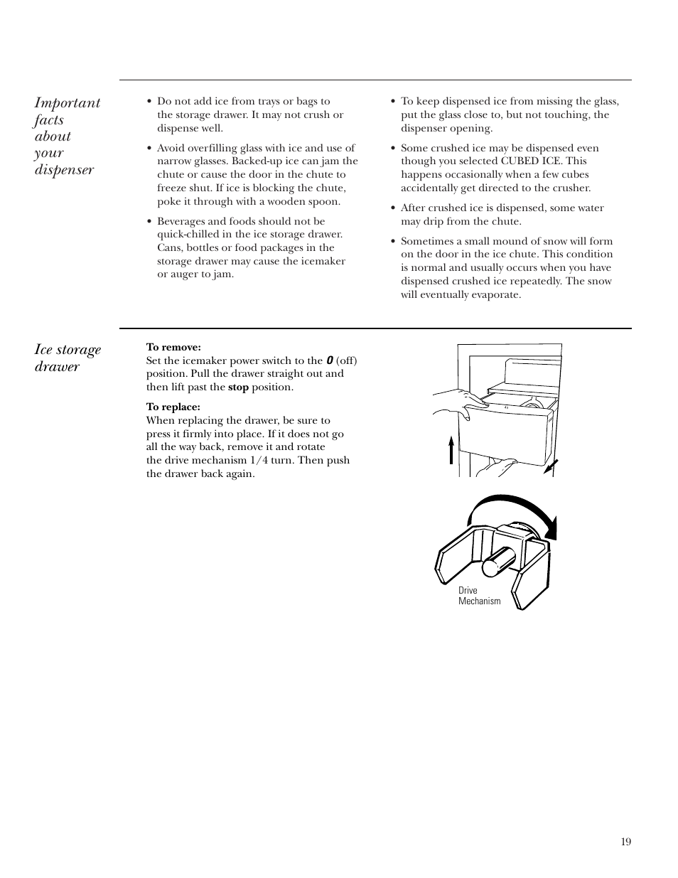 Important facts about your dispenser, Ice storage drawer | GE Monogram Side-by-Side Stainless Steel Free-Standing Refrigerators User Manual | Page 19 / 32