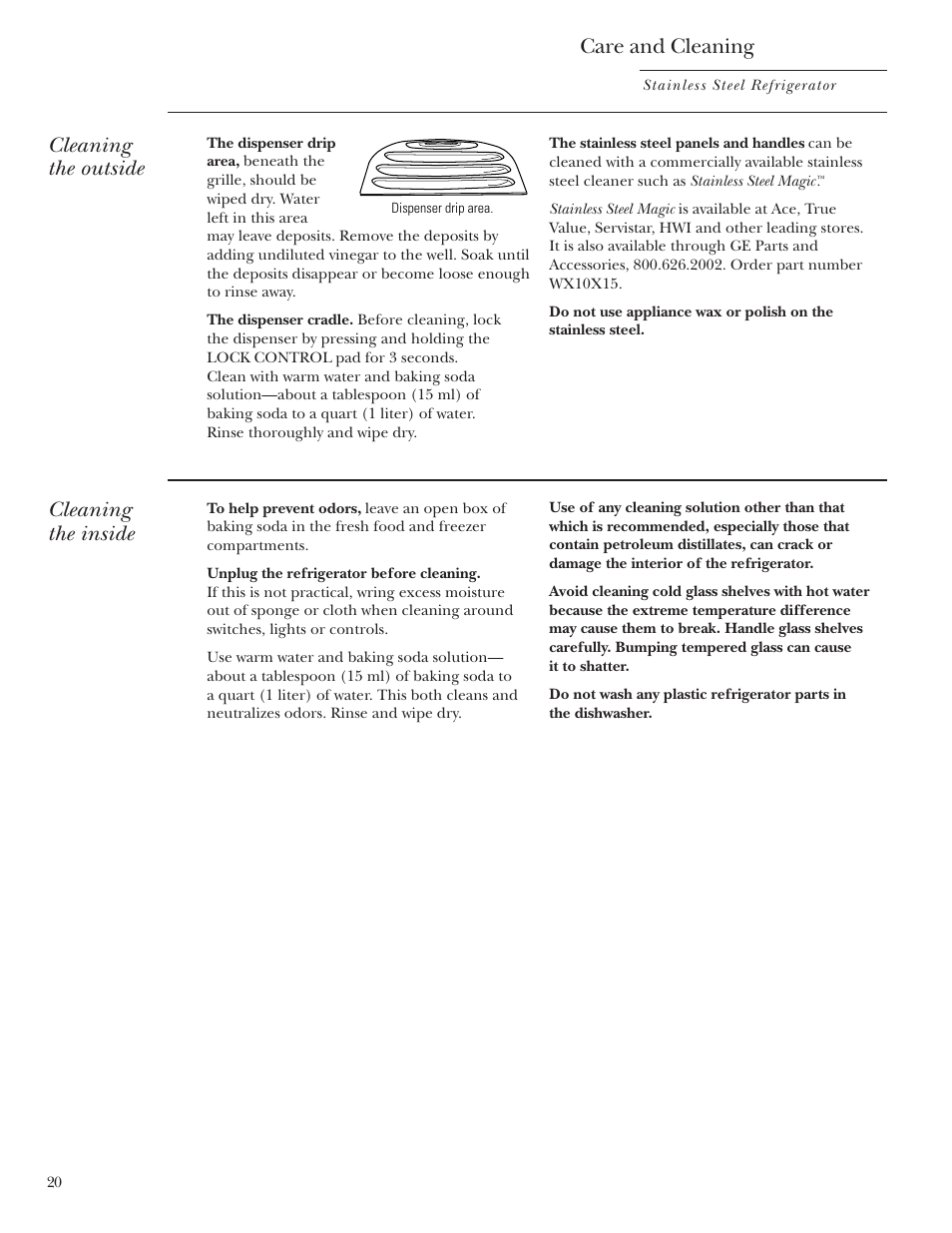 Cleaning—outside and inside, Care and cleaning, Cleaning the outside | Cleaning the inside | GE Monogram Side-by-Side Stainless Steel Free-Standing Refrigerators User Manual | Page 20 / 32