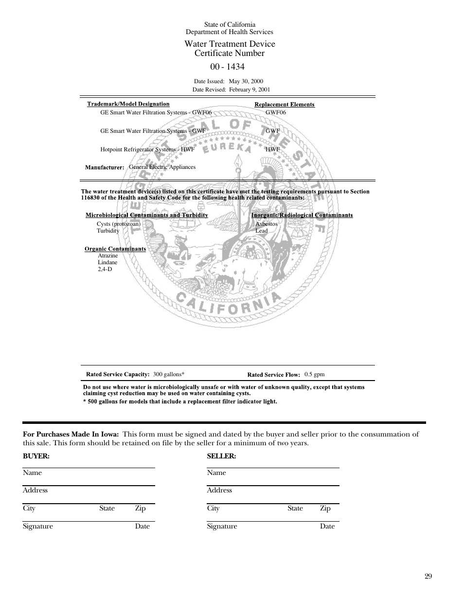 Water treatment device certificate number | GE Monogram Side-by-Side Stainless Steel Free-Standing Refrigerators User Manual | Page 29 / 32