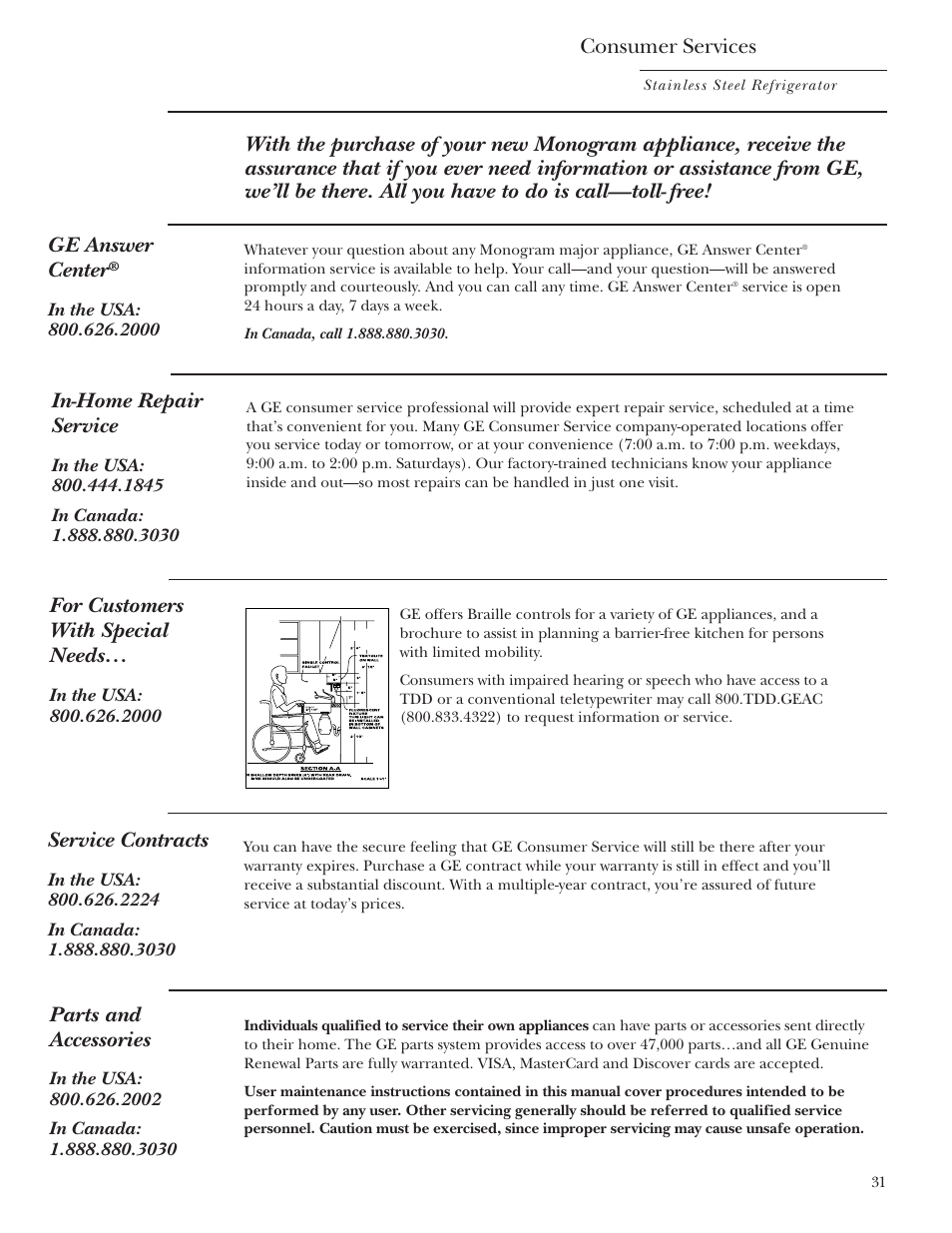 Important phone numbers, Consumer services, In-home repair service | Service contracts, Parts and accessories, For customers with special needs | GE Monogram Side-by-Side Stainless Steel Free-Standing Refrigerators User Manual | Page 31 / 32