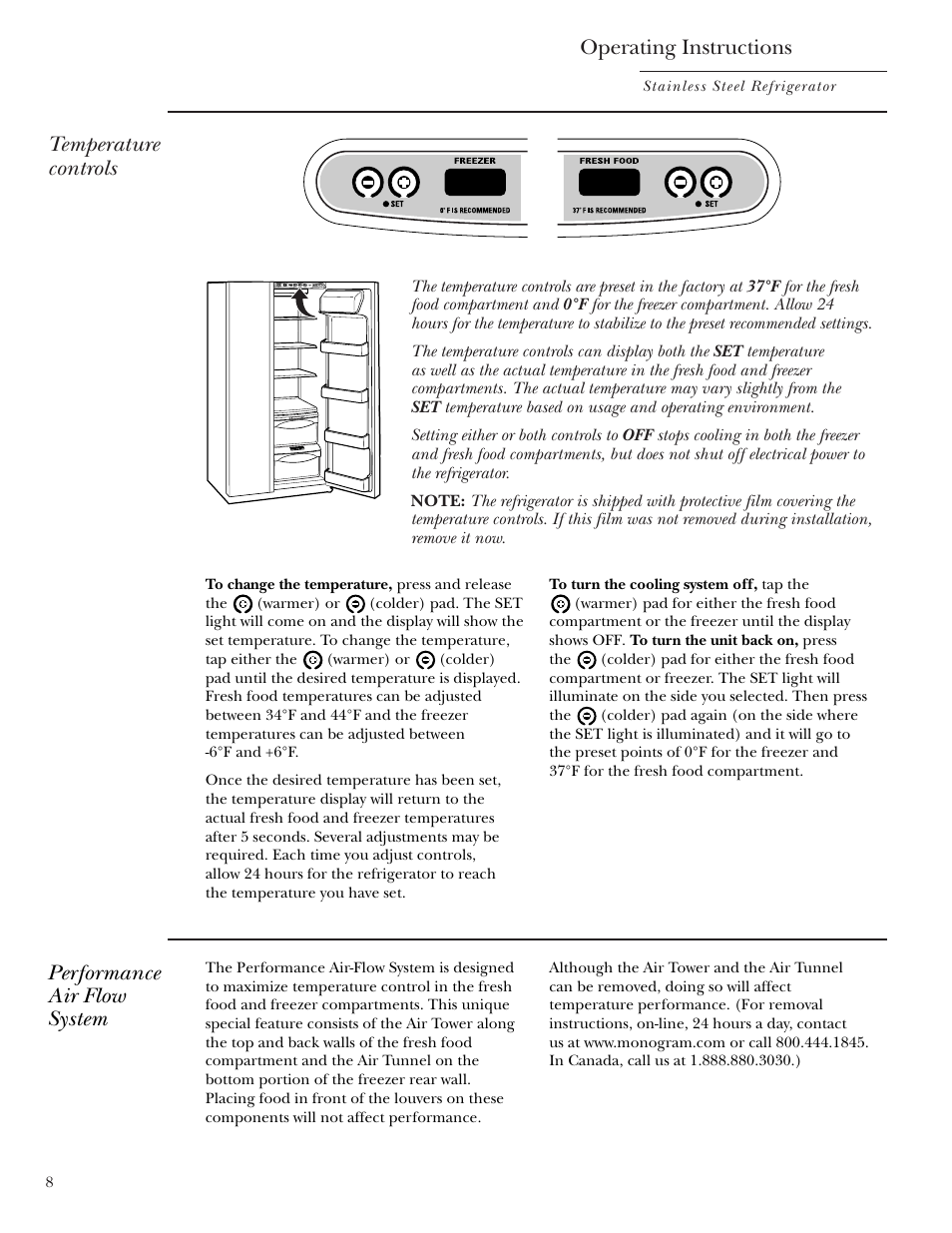 Performance air flow system, Temperature controls, Operating instructions | GE Monogram Side-by-Side Stainless Steel Free-Standing Refrigerators User Manual | Page 8 / 32