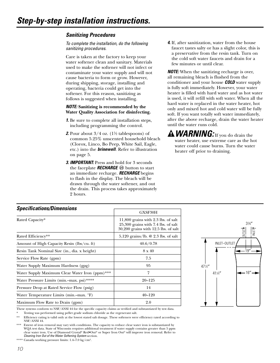 Step-by-step installation instructions, Warning, Sanitizing procedures | Specifications/dimensions | GE Monogram GXSF30H User Manual | Page 10 / 60