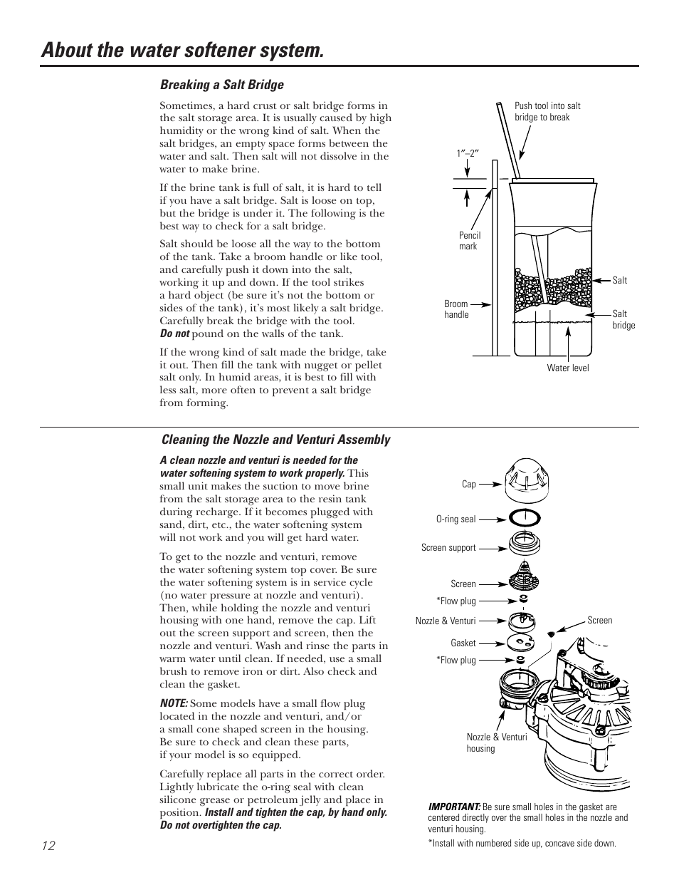 Breaking a salt bridge, Cleaning the nozzle and venturi assembly, About the water softener system | GE Monogram GXSF30H User Manual | Page 12 / 60