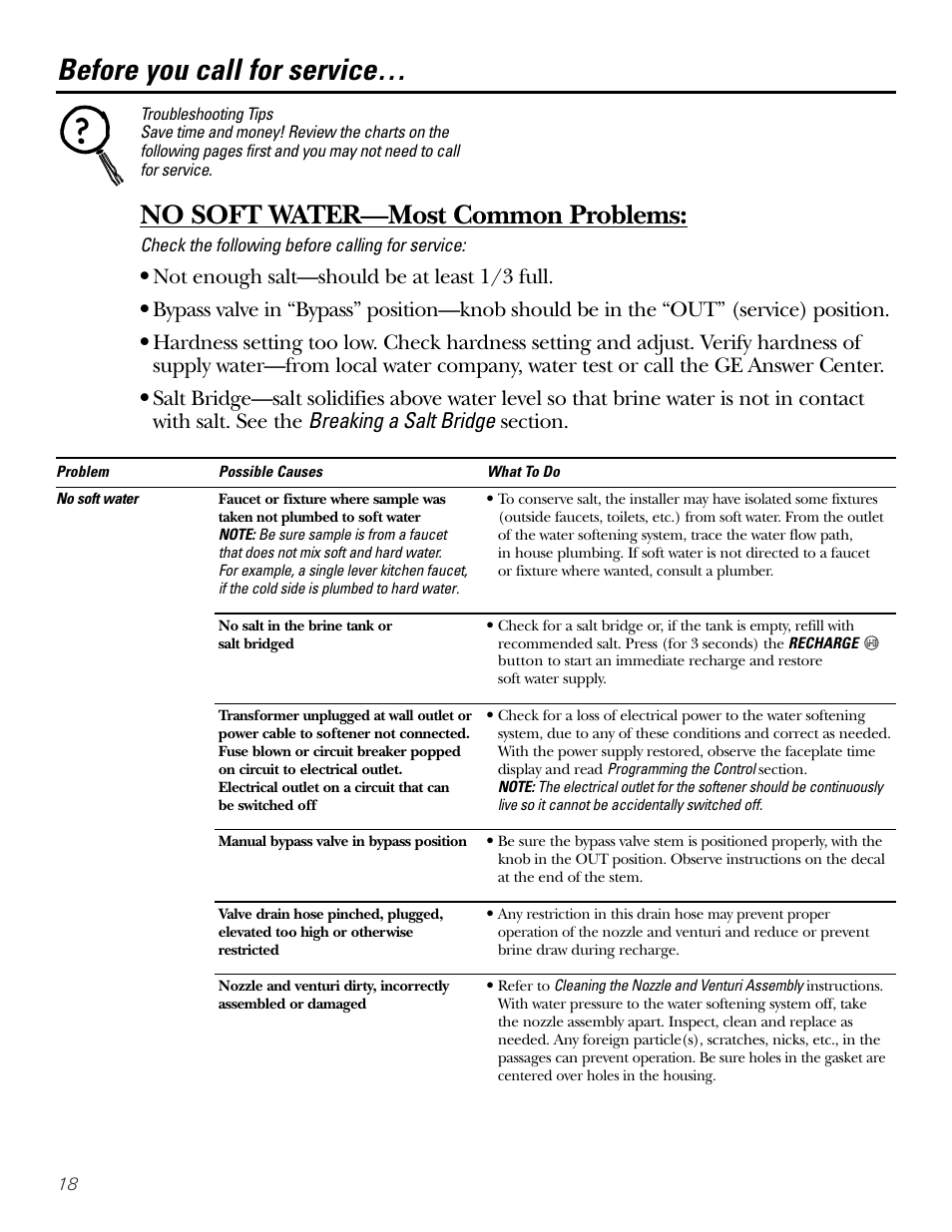 Troubleshooting tips, Before you call for service, No soft water—most common problems | GE Monogram GXSF30H User Manual | Page 18 / 60