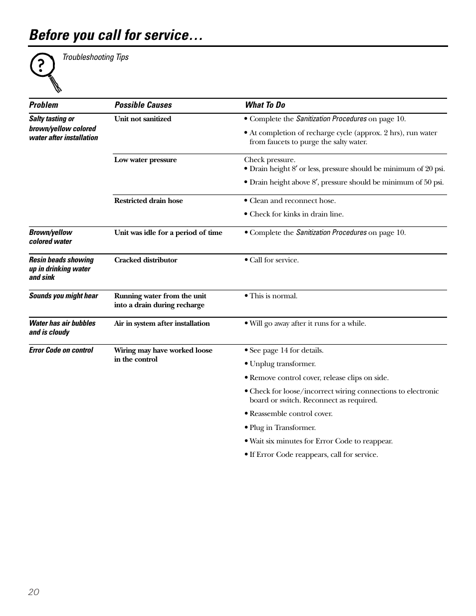 Before you call for service | GE Monogram GXSF30H User Manual | Page 20 / 60