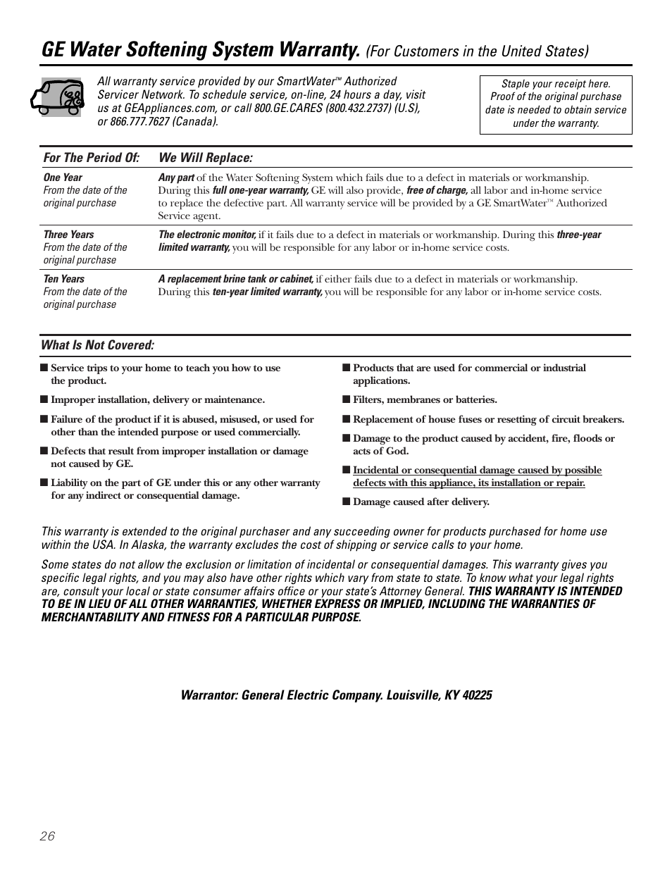 Warranty (u.s.), Ge water softening system warranty, For customers in the united states) | GE Monogram GXSF30H User Manual | Page 26 / 60