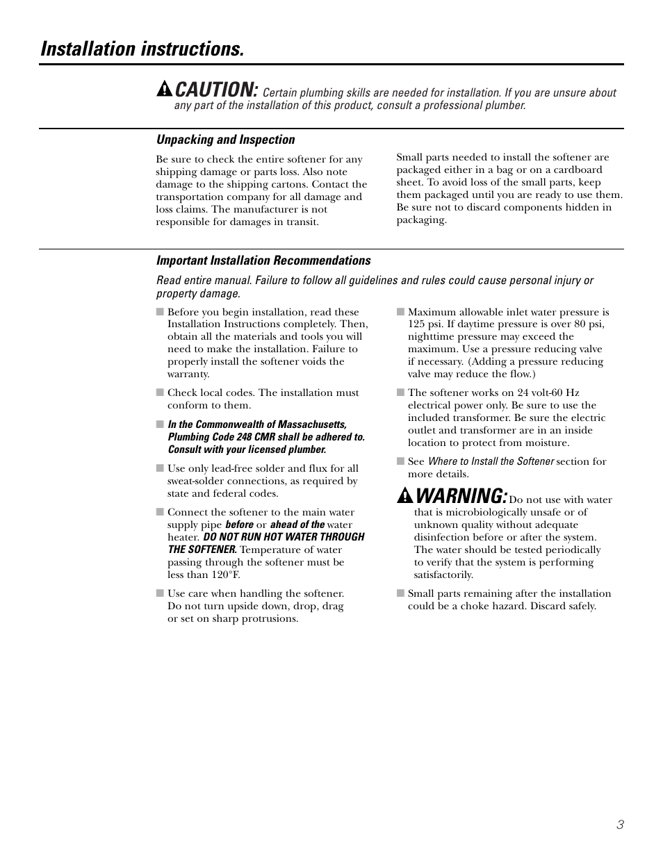 Installation instructions, Caution, Warning | GE Monogram GXSF30H User Manual | Page 3 / 60