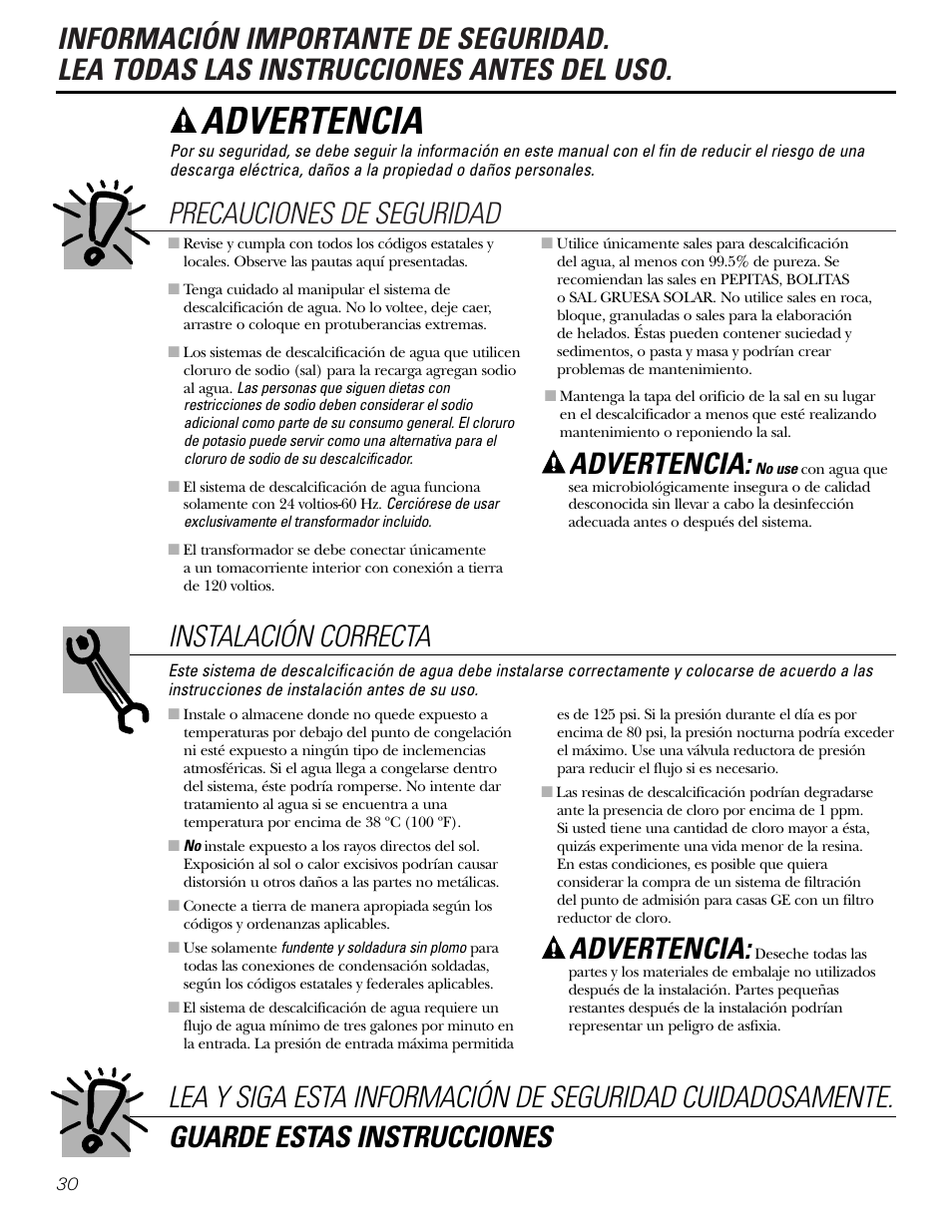 Información de seguridad, Advertencia | GE Monogram GXSF30H User Manual | Page 30 / 60