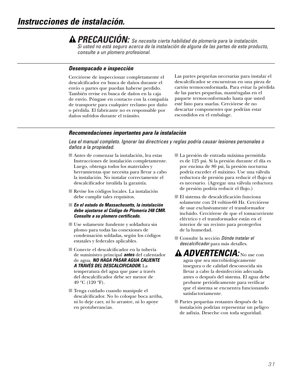 Instrucciones para la instalación, Precaución, Instrucciones de instalación | Advertencia | GE Monogram GXSF30H User Manual | Page 31 / 60