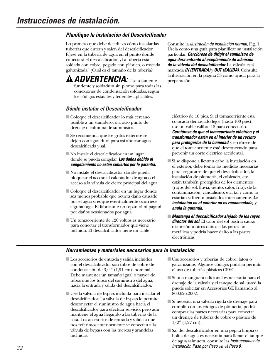 Instrucciones de instalación, Advertencia | GE Monogram GXSF30H User Manual | Page 32 / 60