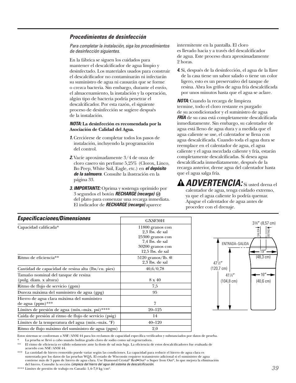 Advertencia, 39 procedimientos de desinfección, Especificaciones/dimensiones | GE Monogram GXSF30H User Manual | Page 39 / 60