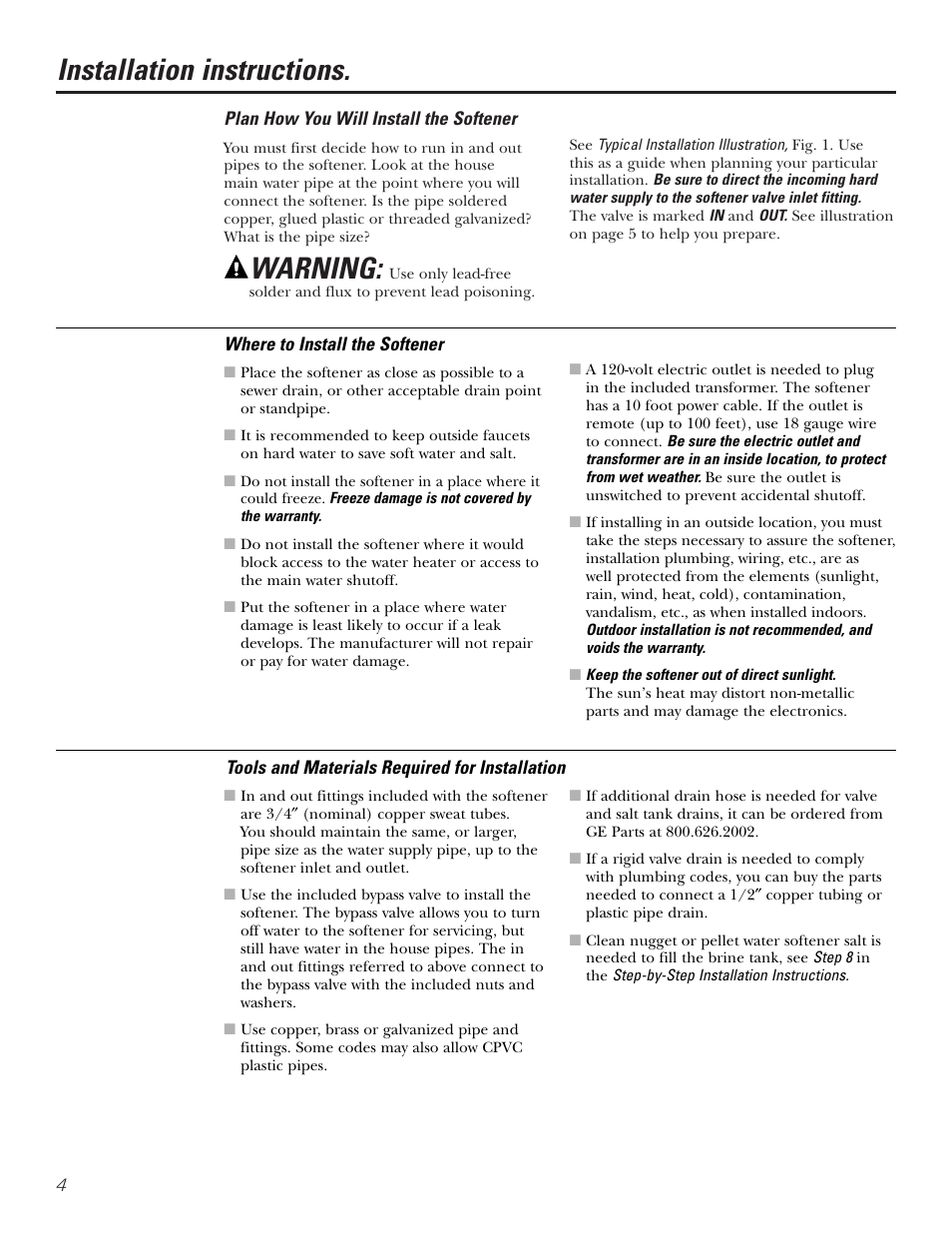 Installation instructions, Warning | GE Monogram GXSF30H User Manual | Page 4 / 60