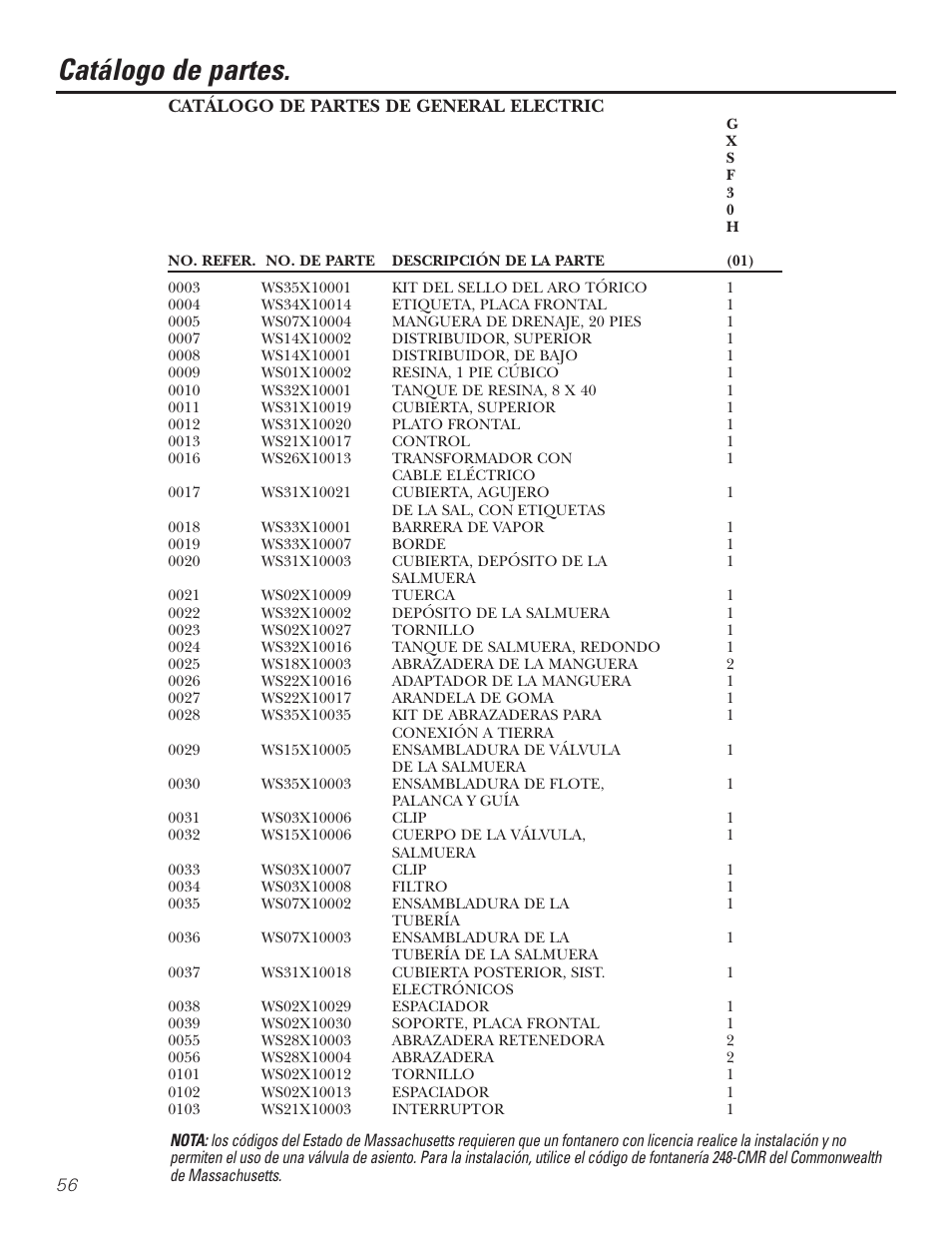 Catálogo de partes | GE Monogram GXSF30H User Manual | Page 56 / 60