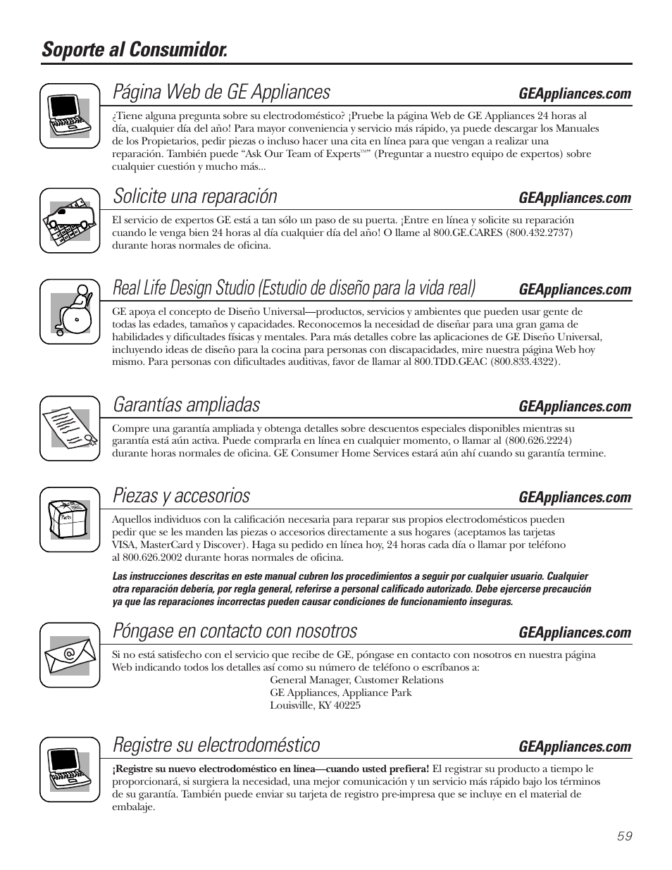 Soporte al consumidor, Soporte al consumidor. página web de ge appliances, Solicite una reparación | Garantías ampliadas, Piezas y accesorios, Póngase en contacto con nosotros, Registre su electrodoméstico | GE Monogram GXSF30H User Manual | Page 59 / 60