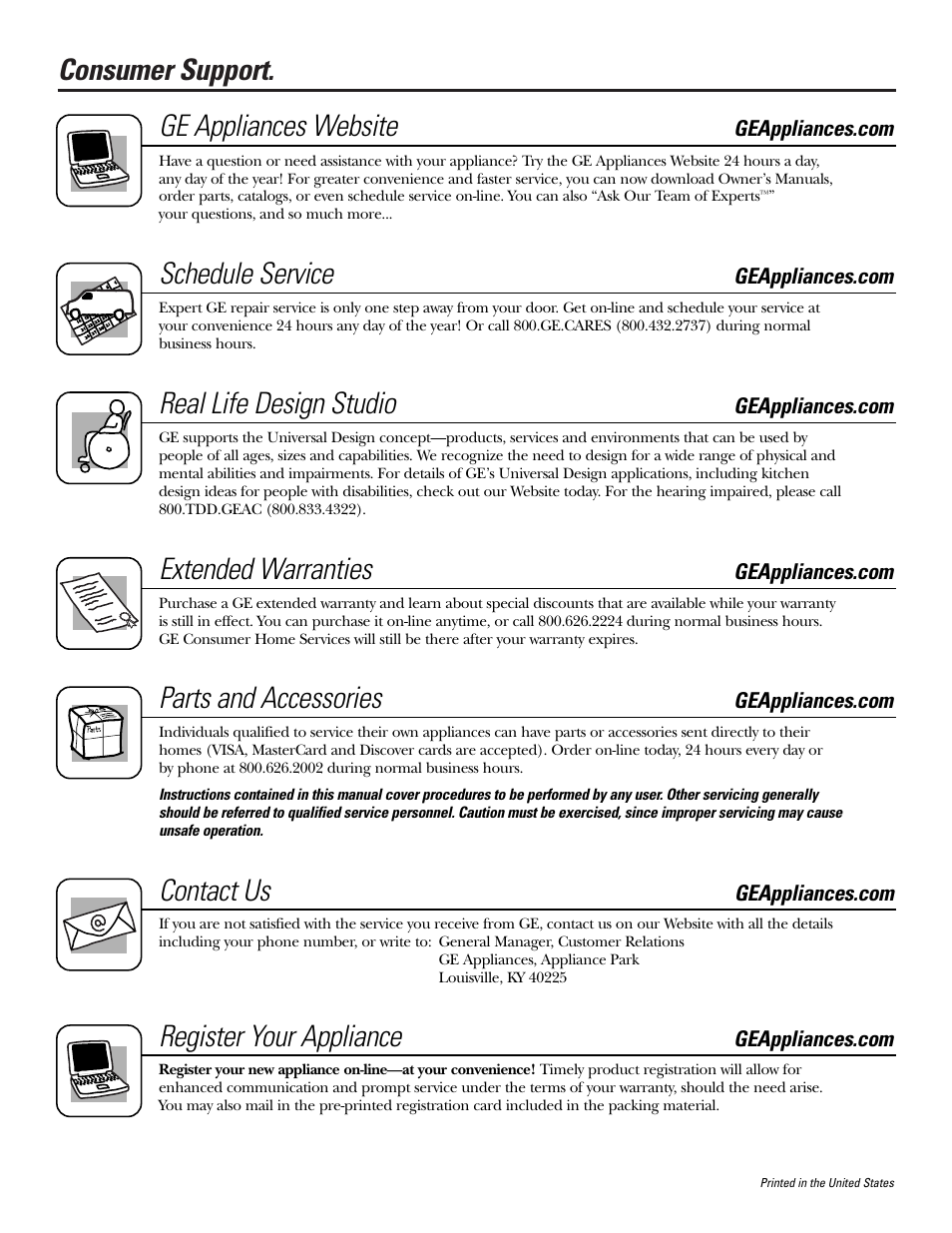 Consumer support, Consumer support . . .back cover, Ge appliances website | Schedule service, Real life design studio, Extended warranties, Parts and accessories, Contact us, Register your appliance | GE Monogram GXSF30H User Manual | Page 60 / 60