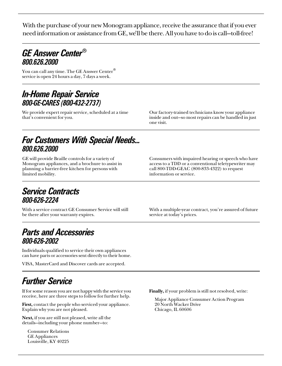 Consumer services, Important phone numbers, In-home repair service | Ge answer center, Service contracts, Parts and accessories, Further service, For customers with special needs | GE Monogram ZDW24 User Manual | Page 10 / 12