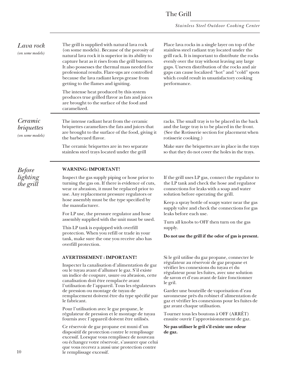 Ceramic briquettes, Lava rocks, Lighting the grill | Lava rocks lighting the grill –12, Before lighting the grill, Lava rock, The grill | GE Monogram Outdoor Cooking Center 48 User Manual | Page 10 / 32