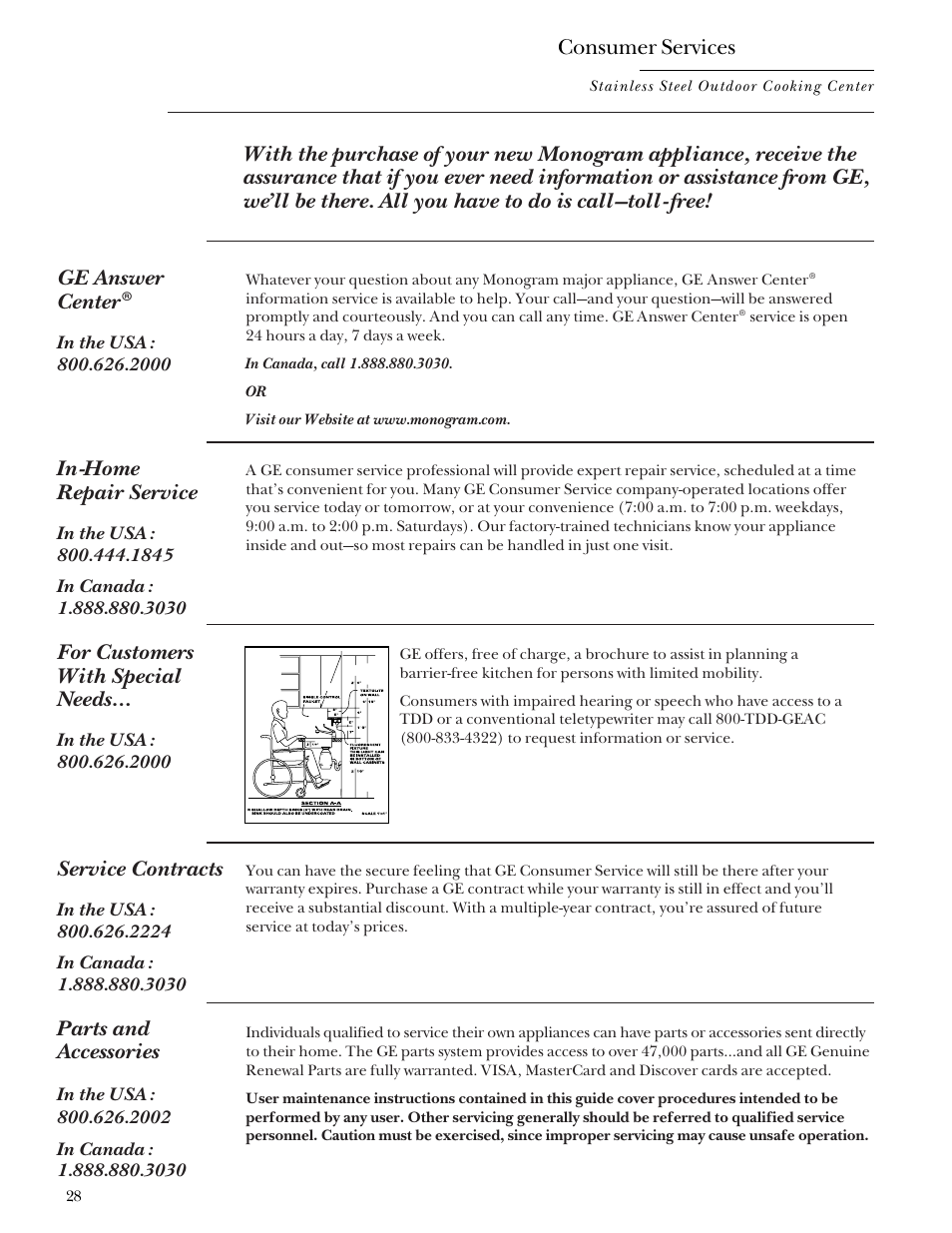 Important phone numbers, In-home repair service, Service contracts | Parts and accessories, For customers with special needs, Consumer services | GE Monogram Outdoor Cooking Center 48 User Manual | Page 28 / 32
