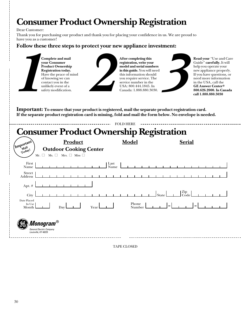 Consumer product ownership registration | GE Monogram Outdoor Cooking Center 48 User Manual | Page 30 / 32