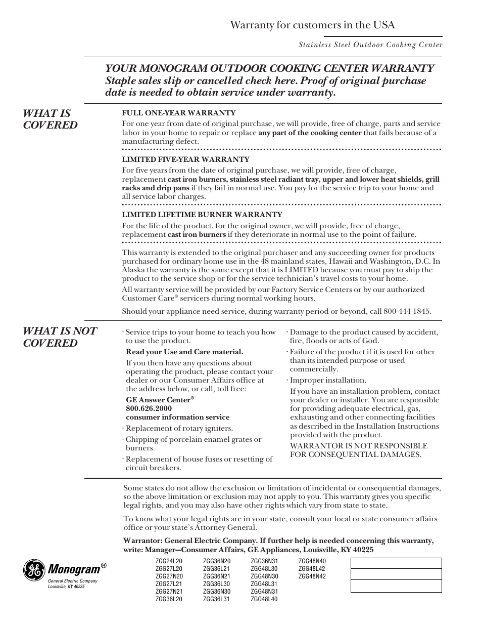 Warranty for customers in the usa, Monogram, What is not covered | GE Monogram Outdoor Cooking Center 48 User Manual | Page 32 / 32